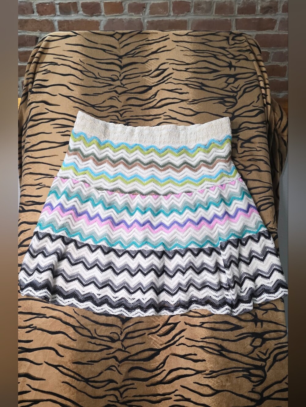 Lapis Crochet Chevron Knit Mini Skirt M Multi Color Tiered Zig Zag Boho Festival